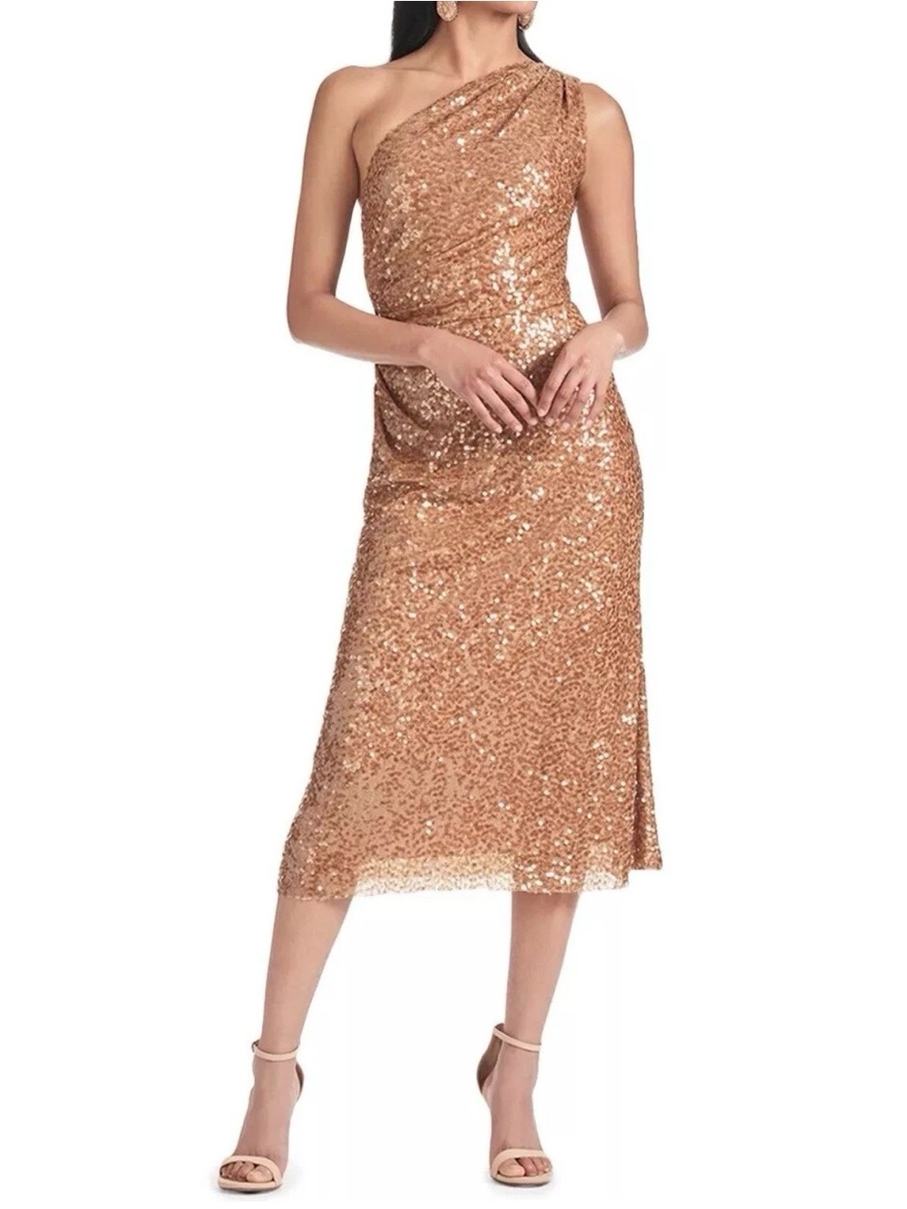 Sachin + Babi Carmen One-Shoulder Gold/ Honey Sequin Midi Dress Size 2 New